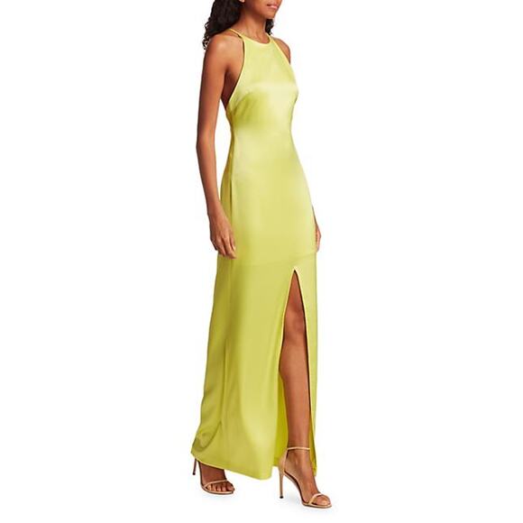 Alice & Olivia Ettley Halter Maxi Dress Yellow Lime Gown Front Slit Sz 8 - Picture 3 of 13